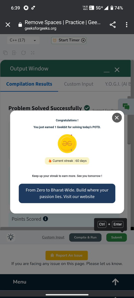 Regs1124's tweet photo. Hi everyone,
Just started my new streak with @geeksforgeeks potd.
Day 60: Remove spaces✅ 
Completed 60 days 🎉 more to complete...streak on 🔥 
Thanks to @geeksforgeeks
and @NPCI_NPCI  for this new streak.
Date- 14th  April 2026
#coding #geekstreak60 #npci #geekstreak60 #gfg https://t.co/Ib1Omctbe0