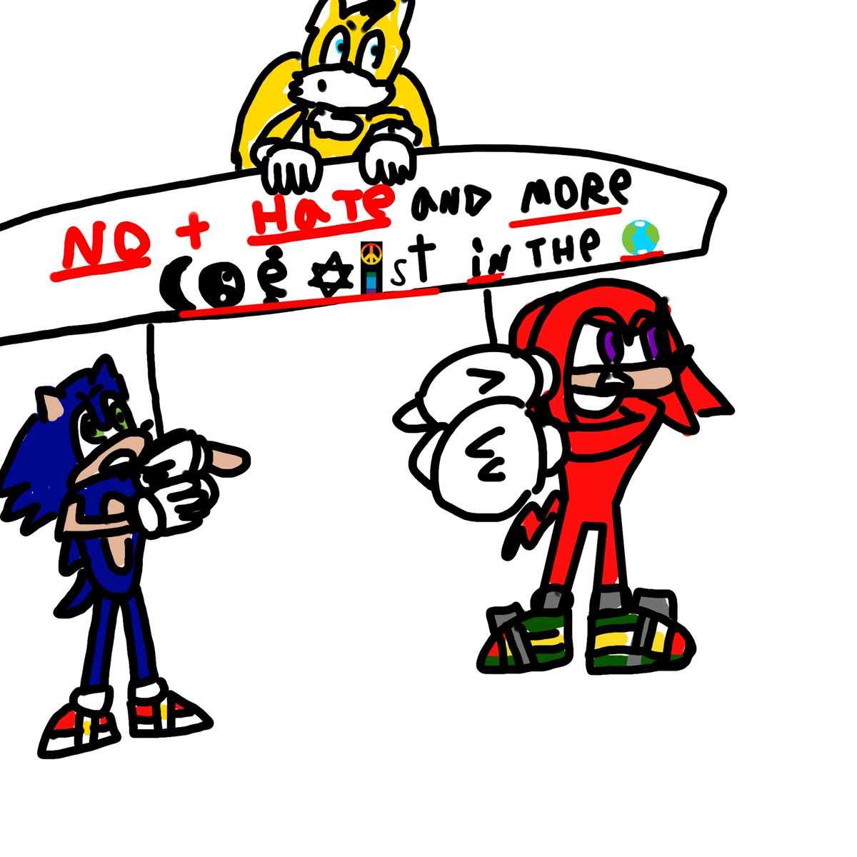 alfonso89830787's tweet image. Sonic, Tails, and Knuckles protesting against an enemy greater than Eggman: hate, with the motto "No more hate and more coexistence on Earth." #SonicTheHedegehog #coexistence @sonic_latam @MizakiZVtuber @Benjami36935807