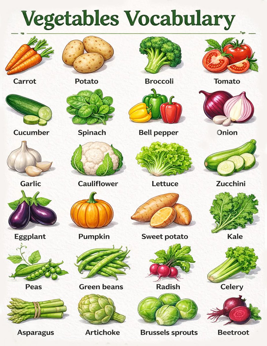 MalikAlyza's tweet image. Vegetable Vocabulary  
.
.
#learnenglishonline #englishlanguage #englishconversation #everyone #learnenglish