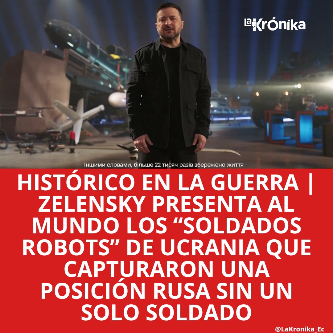 #Zelensky presenta los “soldados robots” de #Ucrania:
«Por primera vez, una posición enemiga fue capturada íntegramente por sistemas robóticos terrestres y drones. Sin infantería.
Un robot entró en la zona más peligrosa en lugar de un soldado y la capturó.»

Un hito en la guerra.