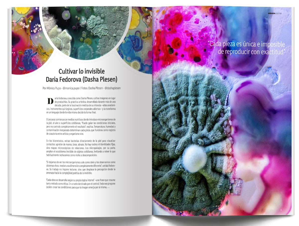 EclecticaMirada's tweet image. In this compelling feature, Dasha Plesen reveals the invisible: microorganisms from skin, air, and surfaces become unique, unrepeatable portraits. A poetic journey where life shapes the image. Discover more in Mirada Ecléctica  miradaeclectica.com/revista/ #BioArt #MiradaEclectica