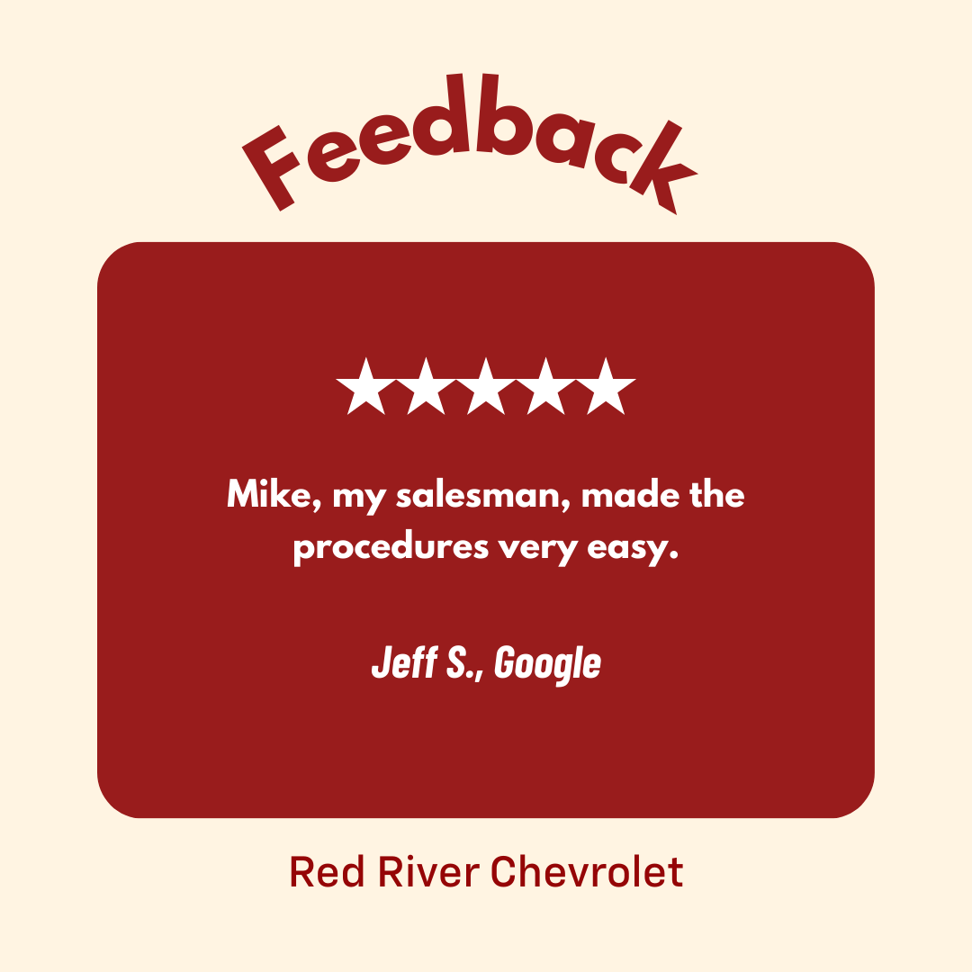 RedRiverChevy's tweet photo. We are pleased to hear Mike helped make the process simple and easy while assisting with your vehicle purchase, Jeff. Our team always aims to keep everything smooth and straightforward. We appreciate you taking the time to share your feedback. https://t.co/2gqj2M9nOI