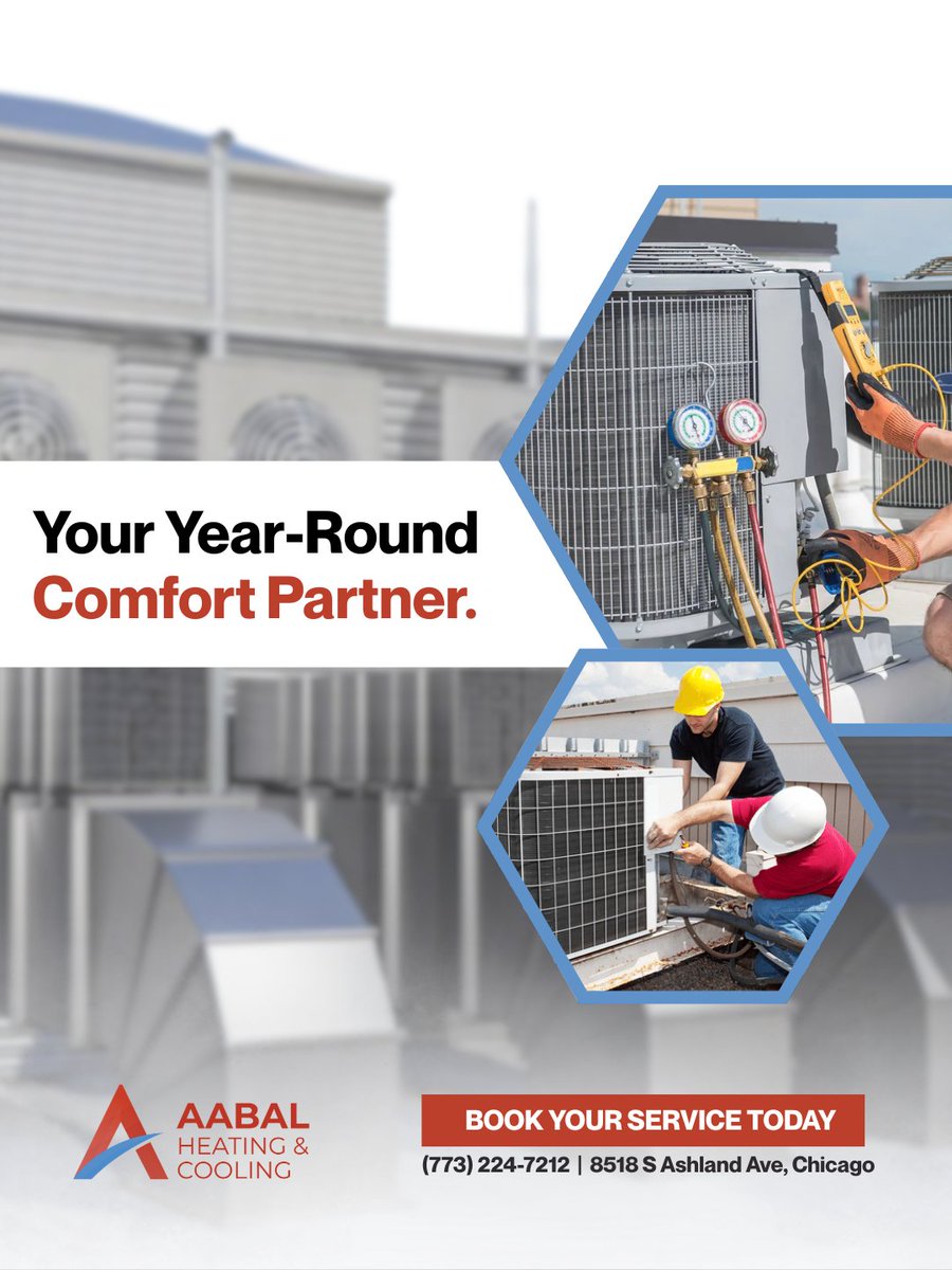 aabalheating's tweet photo. Your year-round comfort partner. 🔧

From routine maintenance to full system repairs, AABAL Heating &amp; Cooling is here to keep your home or business running smoothly in every season.

Reliable service. Expert care. Peace of mind.

📞 Call (773) 224-7212 to book today. https://t.co/q1aINYSymR