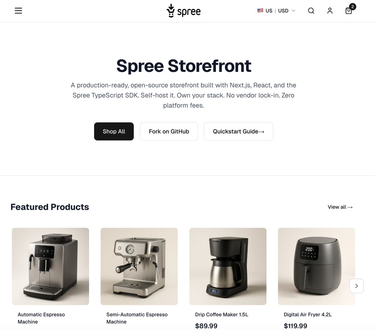 spreecommerce's tweet photo. 35% of the a16z Top 100 marketplaces run on Next.js storefronts. We've just open sourced a template you can use for free to go live within days.

Fork it: https://t.co/TG2Wz6pQRy
Live: https://t.co/9h5G2hhAmt 

It's a production-ready Next.js storefront. 

Not a demo. Not a "starter kit" you spend weeks customizing. A real storefront with everything you need to go live.

- One-page checkout. 
- Guest and authenticated customer flows. 
- Coupons, gift cards, store credit. 
- Faceted product search powered by Meilisearch.
- Multi-shipment support. 
- Native Stripe with Apple Pay and Google Pay. 
- GTM with GA4 eCommerce tracking. 
- Transactional emails. 
- SEO with structured data and OpenGraph.

All of it ships when you fork the repo.

Cross-border commerce works from day one. Country, currency, and language switching built into the URL structure via Spree Markets. No third-party localization plugins. No separate storefronts per region.

Swap Stripe for Adyen or any other payment provider easily.

The developer experience is where it gets interesting.

Next.js 16, React 19, TypeScript, Tailwind CSS 4. 

The demo scores 90+ on Lighthouse / Google PageSpeed with perfect accessibility and SEO scores.

Maisonette runs a curated childrenswear marketplace on this exact stack: Spree Commerce backend + Next.js storefront. Over 65,000 products, hundreds of vendors. 

What cost them $15M to build from scratch since 2018 is now a fork and a weekend of customization.

That shift matters.

- Install Spree Commerce with a single command. 
- Fork the storefront. 
- Get a working commerce application in minutes.

For enterprise requirements like building a fully automated and scalable marketplace, let's talk.

Try Spree for free: 
npx create-spree-app@latest my-store

#ecommerce #opensource #nextjs #headlesscommerce #marketplace #typescript #react