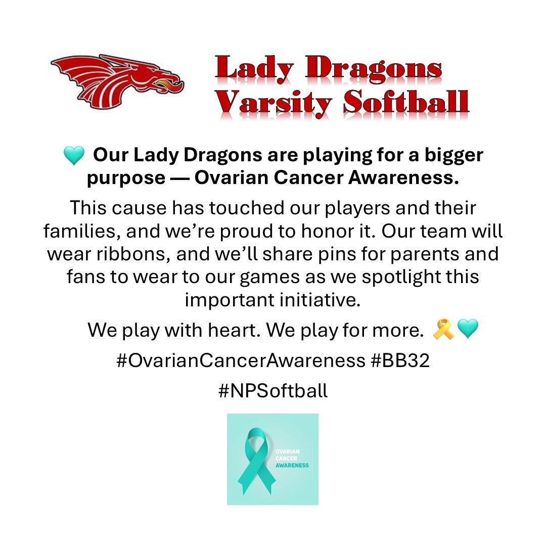 NPDragonsSball's tweet photo. 🏠 HOME GAME
⏰ 5:30 PM
🆚 Eastern Hancock

Wear your pins or get one at the ticket booth tonight as we support Ovarian Cancer Awareness 🩵🎗️

Let’s pack the stands and show up for our Lady Dragons! 🥎🔥 #OvarianCancerAwareness #BB32 #NPSoftball #DesireAndDedication https://t.co/ynqbhhCwtB