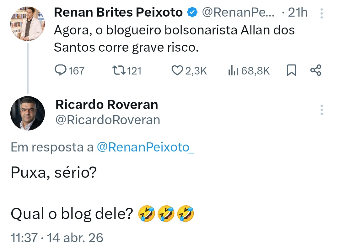 Esperando o jornalista responder qual o blog do <a href="/allanconta5/">Allan Dos Santos</a> pra eu seguir tb.

🤣🤣🤣
