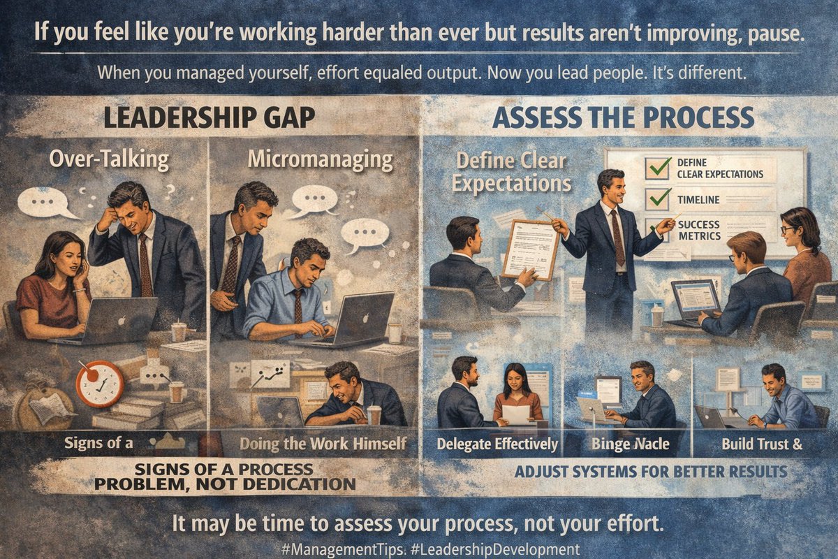NextGen_TG's tweet image. If you’re working harder than ever but results aren’t improving… it’s a signal

Leaders miss this: Effort doesn’t scale through people

If you’re rescuing projects or doing the work yourself, evaluate your leadership process

Where’s the breakdown?

#TeamPerformance #Leadership
