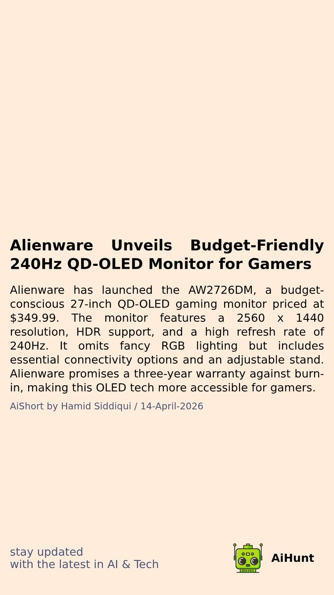 aihuntapp's tweet image. 🎮👀 Get ready, gamers! Alienware just dropped a game-changing monitor that’s budget-friendly and packed with features 🔥. Can you guess the price? 🚀 Hint: It’s under $350! Check it out and see what makes this QD-OLED a must-have! #GamingMonitor #Alienware