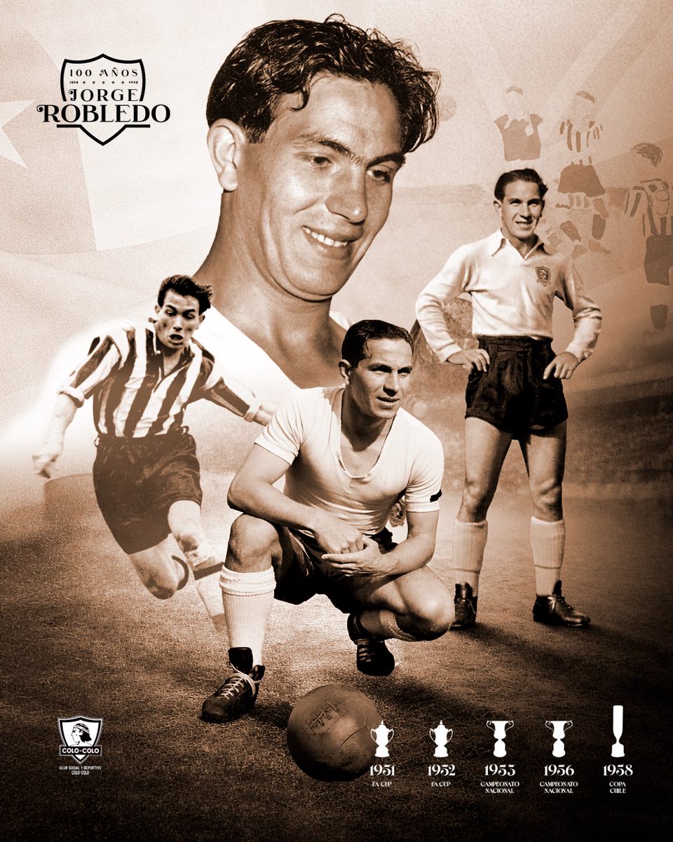 CSDColoColo's tweet photo. Un día como hoy, en 1926, nació en Iquique Jorge Robledo. Este año conmemoramos el centenario de su natalicio: un siglo desde el nacimiento de uno de los futbolistas que revolucionó el fútbol chileno ⚽

Llegó en 1953 desde el Newcastle United, donde ganó la FA Cup, para brillar en Colo-Colo. Con nuestra camiseta fue goleador y protagonista, campeón de los torneos nacionales en 1953 y 1956, además de levantar la Copa Chile en 1958 🏆

Ídolo eterno y referente histórico, hoy lo recordamos a 100 años de su nacimiento… y atentos, porque se viene una sorpresa especial durante el día 👀