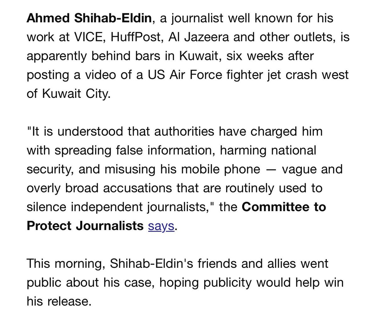 brianstelter's tweet photo. Today's @ReliableSources lead:

Journalist Ahmed Shihab-Eldin jailed in Kuwait after posting war video

https://t.co/Fu6v2a3krB https://t.co/cqlGNKBpUy