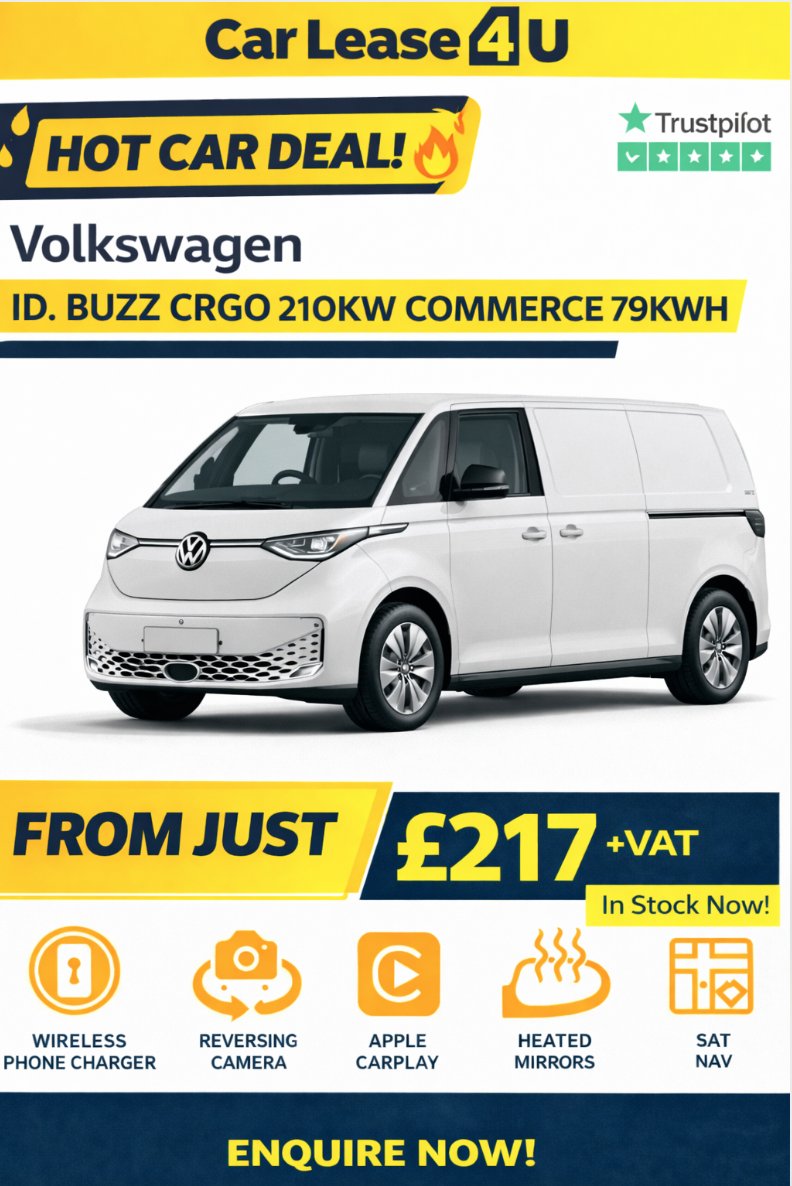 carlease4ucom's tweet image. 🚐⚡ HOT DEAL – Electric van in stock!

Volkswagen ID. Buzz Cargo ⚡
From just £217 + VAT pm 💥
✔️ Apple CarPlay
✔️ Camera
✔️ Wireless charging

Perfect for trades &amp;amp; deliveries 🌱
📩 Enquire now
#ElectricVan #VanLeasing #IDBuzzCargo #LeaseDeals

carlease4u.com/car-listing/le…