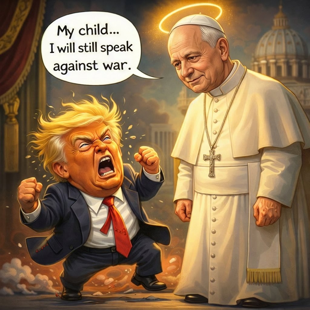 weCARITAS's tweet photo. Trump throwing a tantrum against Pope Leo XIV…

While the Pope calmly responds: “My child... I will still speak against war.” 

Power vs Moral Authority. 

#TrumpVsPope #PopeLeoXIV #SpeakAgainstWar #TrumpTantrum #Vatican #PoliticalSatire #AICaricature #Viral2026 #FaithAndPower #NoToWar