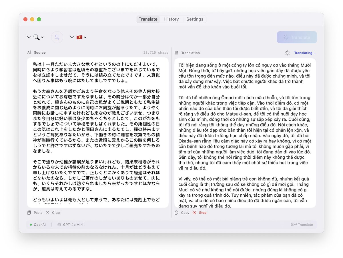 vthanhtai's tweet photo. Just shipped AI Translator 🌐 — a native macOS app for translating text with AI.
✦ OpenAI, Claude, Gemini built-in
✦ Real-time streaming translation
✦ Menu bar quick translate
✦ Zero dependencies — pure Swift/SwiftUI
✦ 12+ languages
#macOS #SwiftUI #AI #OpenSource https://t.co/DRu1nEnRSV