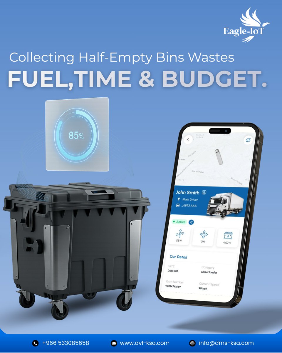 Eagle_IoT's tweet image. Fixed waste collection schedules often send trucks to bins that aren't even full. Eagle-IoT monitors real-time bin fill levels using smart sensors and dynamically adjusts collection routes to prioritize full bins. avl-ksa.com/en/waste-manag…  
#wastemanagement #Telematics #fleet