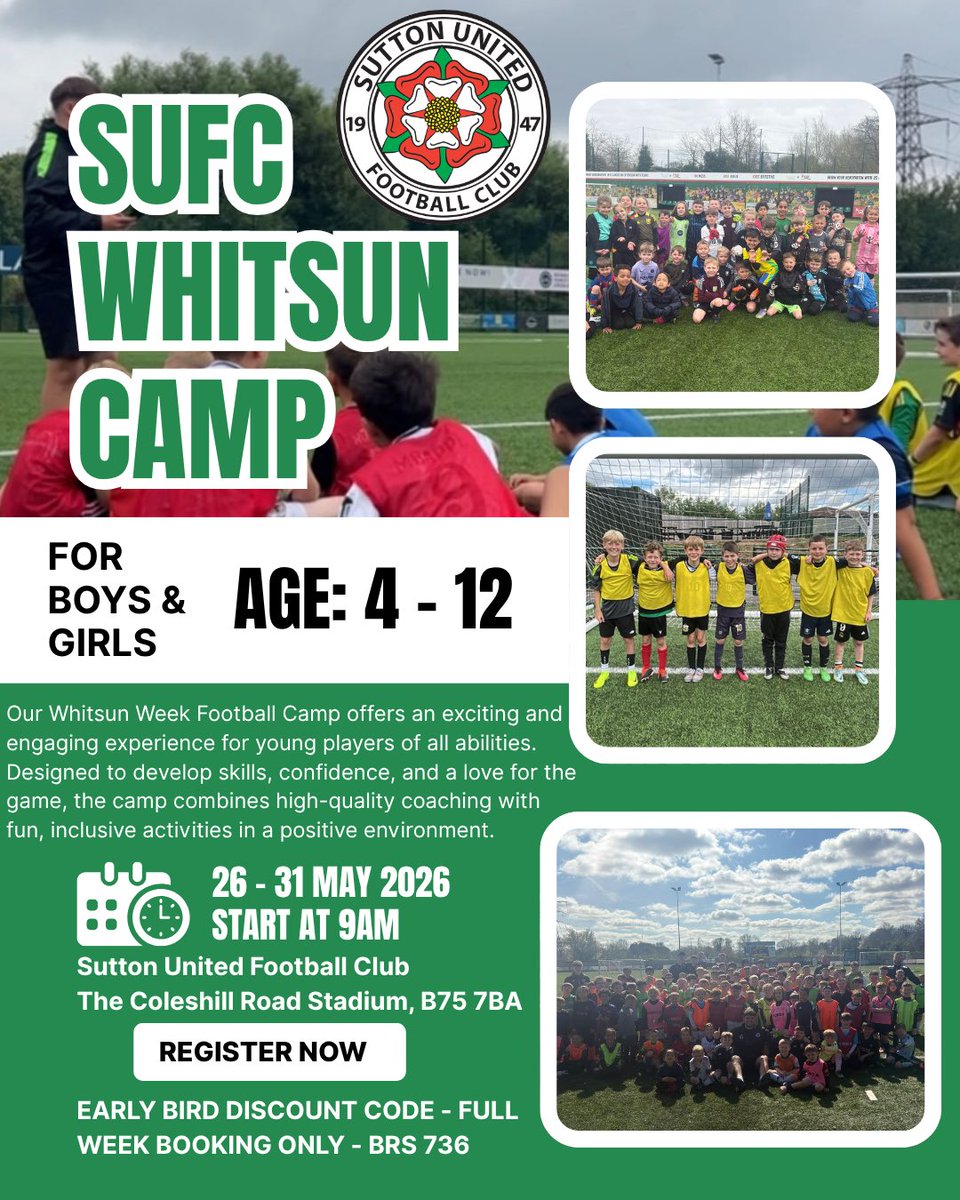 SuttonUtdFC's tweet image. ⚽️ SUFC Whitsun Camp is BACK!

Keep the kids active this May half-term with a week of football, fun &amp;amp; friends 💚

👦👧 Ages 4–12
📅 26–31 May
⏰ 9AM
📍 Coleshill Rd Stadium

🎟️ Book now: …-united-football-club.classforkids.io/camps
💸 Code BRS736 (full week only)

#SUFC #FootballCamp #HalfTerm