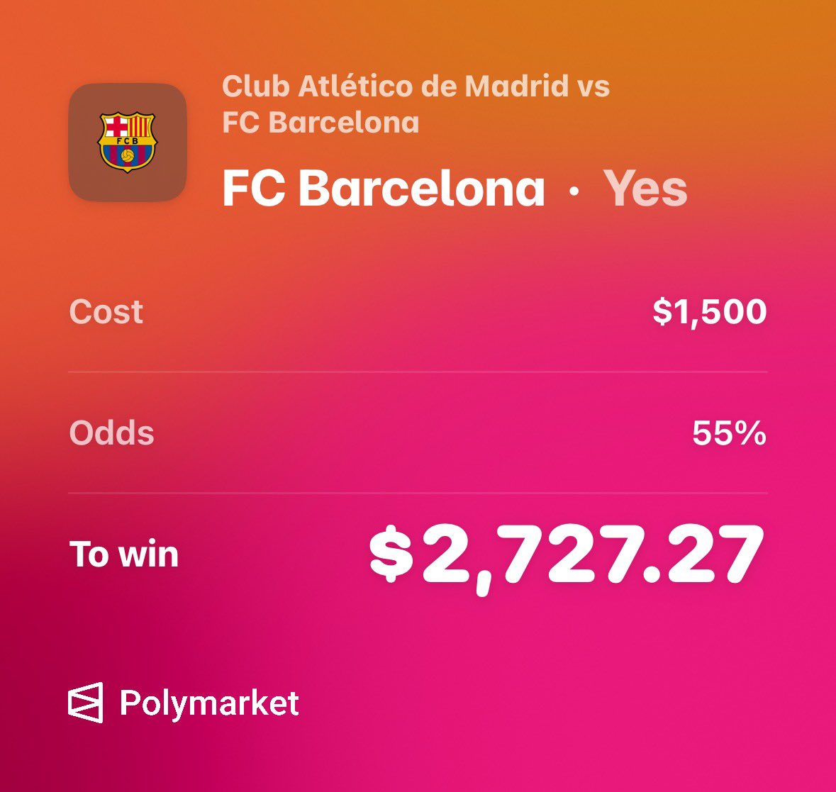 Pickwith456's tweet image. Backing FC Barcelona today vs Atlético Madrid 🔵🔴

Barca’s attack is clicking, control in midfield is different, and they’ve been finding ways to win these big spots! 

$20 off -&amp;gt; polymarket-app.onelink.me/S8ac/456

Code “456” at checkout