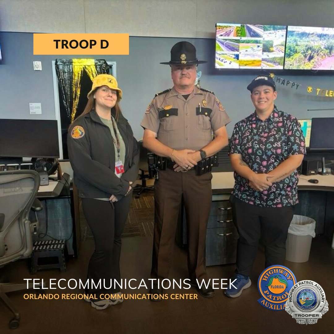During Telecommunications Week, we recognize our dedicated dispatchers.
Pictured: Major Coffman with the Orlando Regional Communications team, the professionals who keep operations running smoothly. Cookies were delivered  and the team added some fun with creative hats.
Thank you