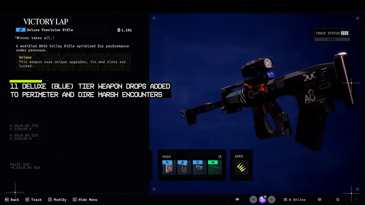 MarathonTheGame's tweet image. One of mid-season's new Uniques, the BR33 Victory Lap comes with the Trigger Discipline chip, Hi-Zoom Optic, Tru-Shot Barrel, and Feather Mag.

Its unique bonus:
+10 Stability
+30 Range
+10 Accuracy
+30 Reload Speed
+30 Move Speed
+40 ADS Speed
+20 Equip Speed
+10 Aim Assist