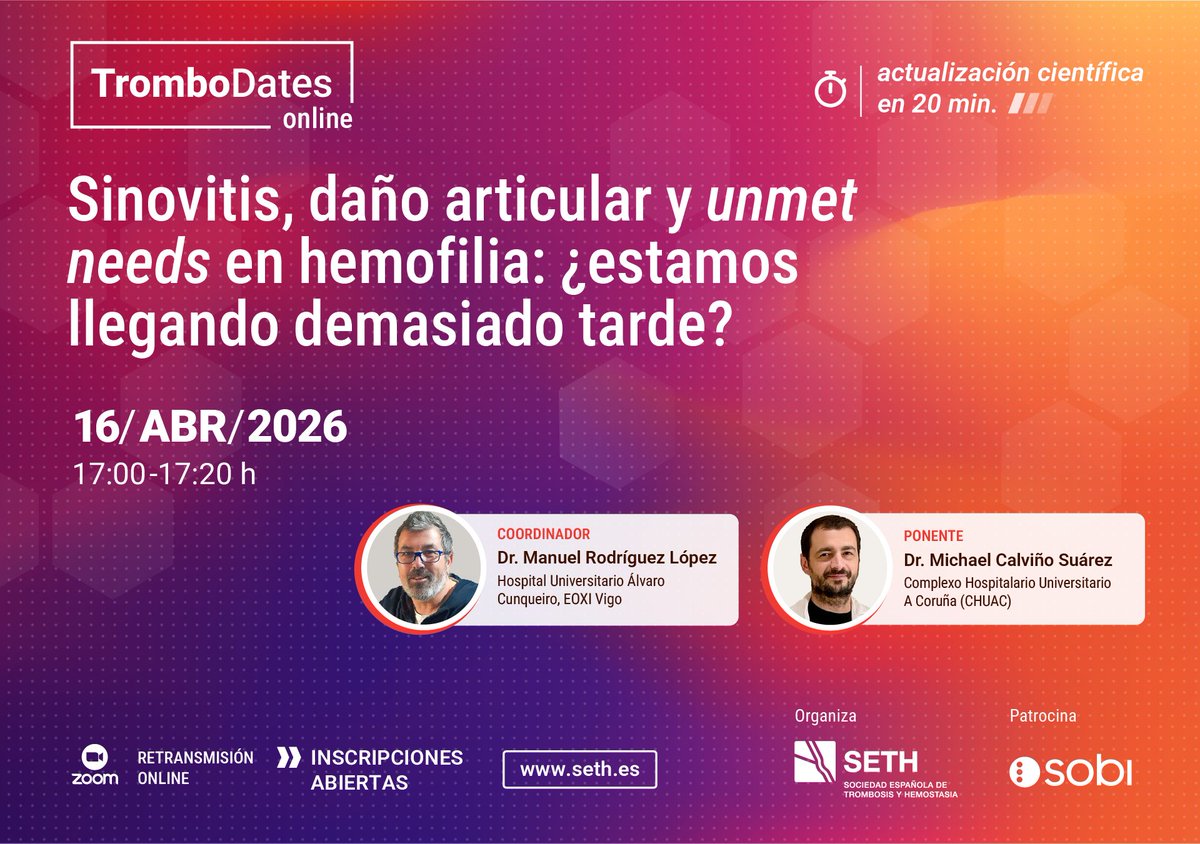 SETH__Oficial's tweet photo. 🩸El daño articular sigue siendo uno de los principales retos en el manejo de la #hemofilia. ¿Estamos identificándolo a tiempo? ¿Qué implicaciones tiene en la práctica clínica?

Conéctate el jueves 16 de abril a una nueva sesión de #TromboDates. Abordaremos claves para la detección precoz, el impacto clínico y las necesidades aún no cubiertas del daño articular en hemofilia.

📅 16 de abril | ⏰ 17:00–17:20 h
👉 Inscríbete : https://t.co/i9ft89LENO

Webinar organizado por la #SETH, con la colaboración de @Sobi_Iberia

#SETH #FormaciónSETH #SETHemostasia #SaludArticular