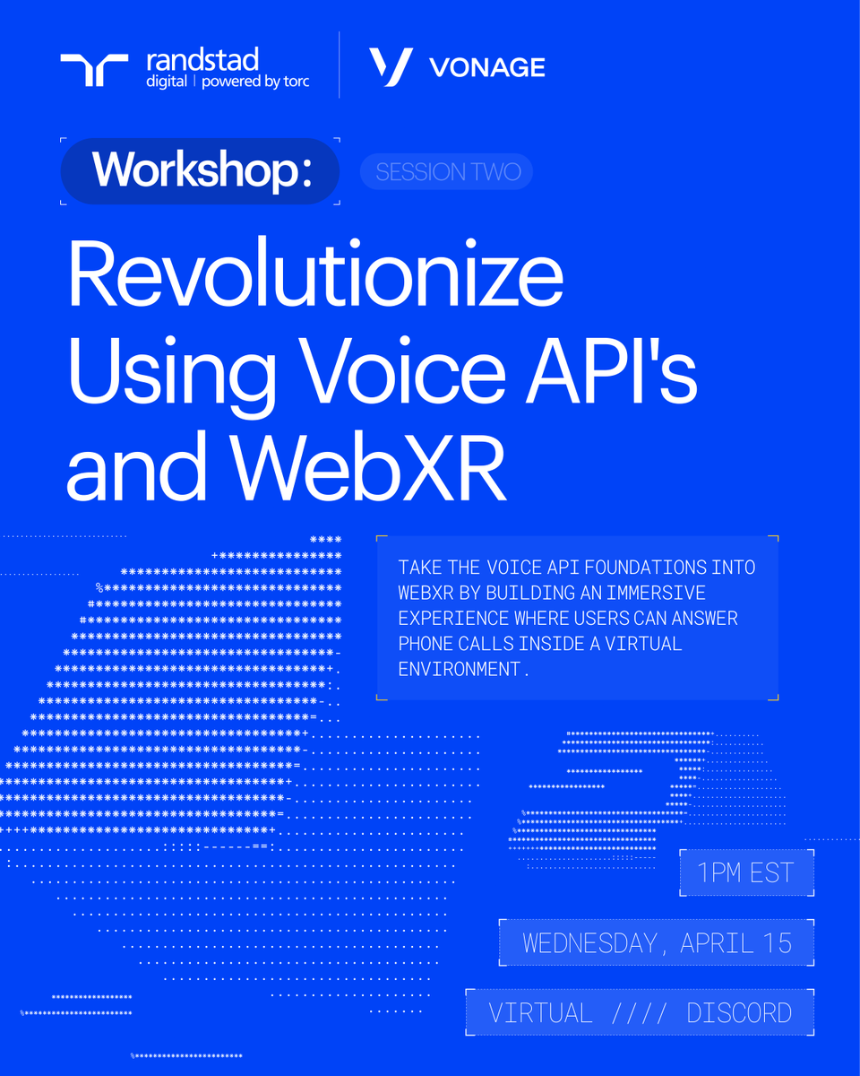 davshustr's tweet photo. On 4/15, join @torcdotdev & @Vonage for “Revolutionize Using Voice APIs WebXR.” workshop. Hosted by JavaScript Developer Advocate, Dwane Hemmings & @RoxanaCodes will guide you from 'Hello World to Hello Metaverse'.
https://t.co/DZOMMCF91J #webxr #javascript #techworkshop #API https://t.co/eMGymSGM4N