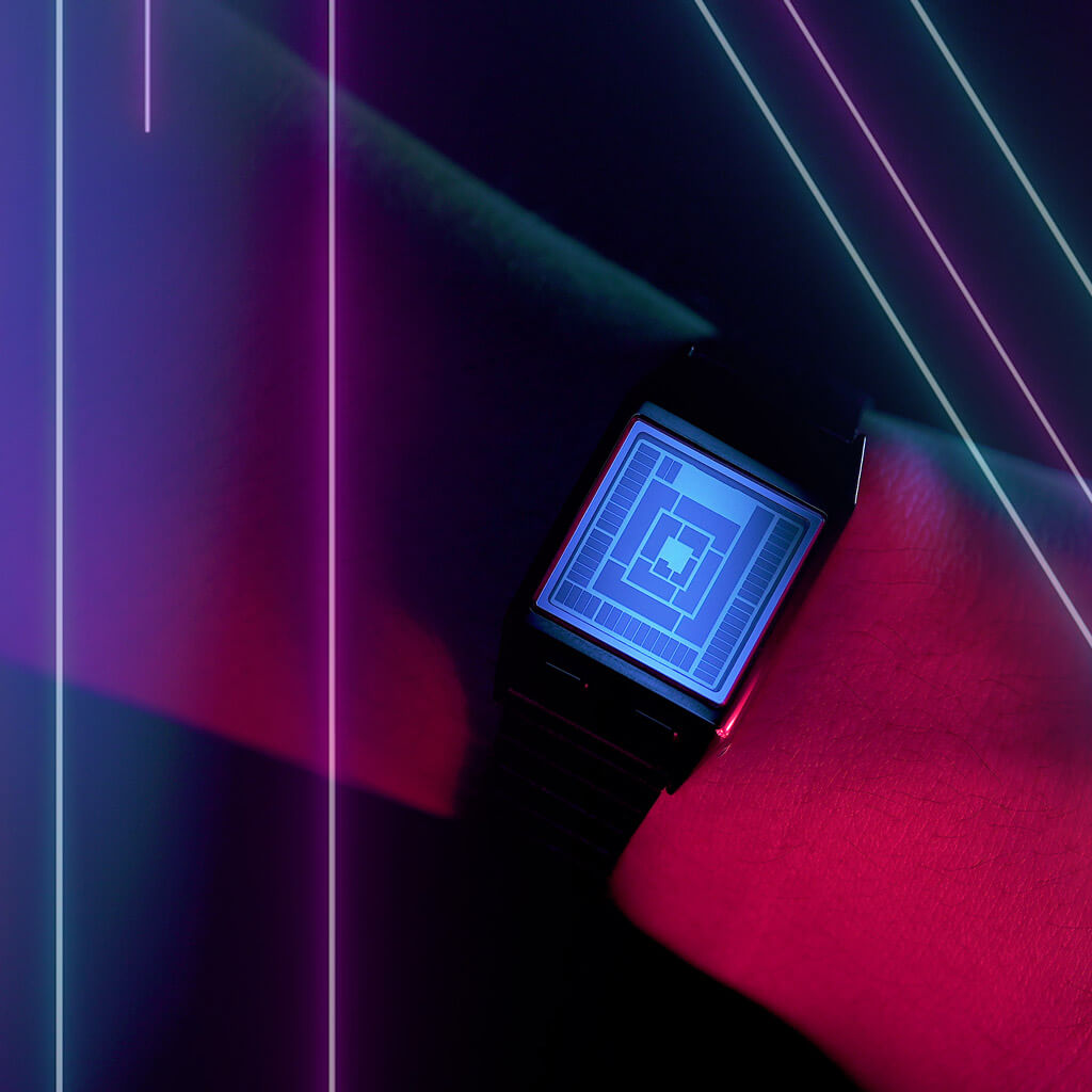 TokyoflashJapan's tweet photo. The mesmerizing Mugen LCD watch from #Tokyoflash Japan presents the time through a series of LCD blocks that appear to spiral infinitely towards the center of the watch. Can you tell the time in this photo? Check out this watch design here: https://t.co/ryGNVAt2Vt https://t.co/FBjbIvK1Nm