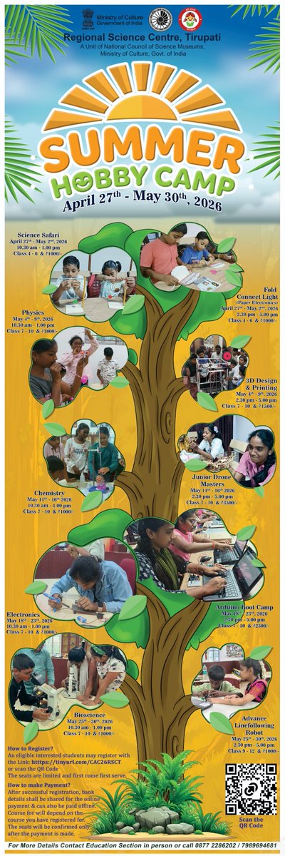 ncsmgoi's tweet photo. ๐๐ฌ Join Summer Hobby Camp 2026 at @RSC_Tirupathi, a unit of @ncsmgoi, @MinOfCultureGoI!
๐
27 Aprโ30 May | Classes 4โ12
๐ https://t.co/R5Otgs6cEx
#SummerWithScience #STEMLearning #NCSM https://t.co/S1zBsfBvu8