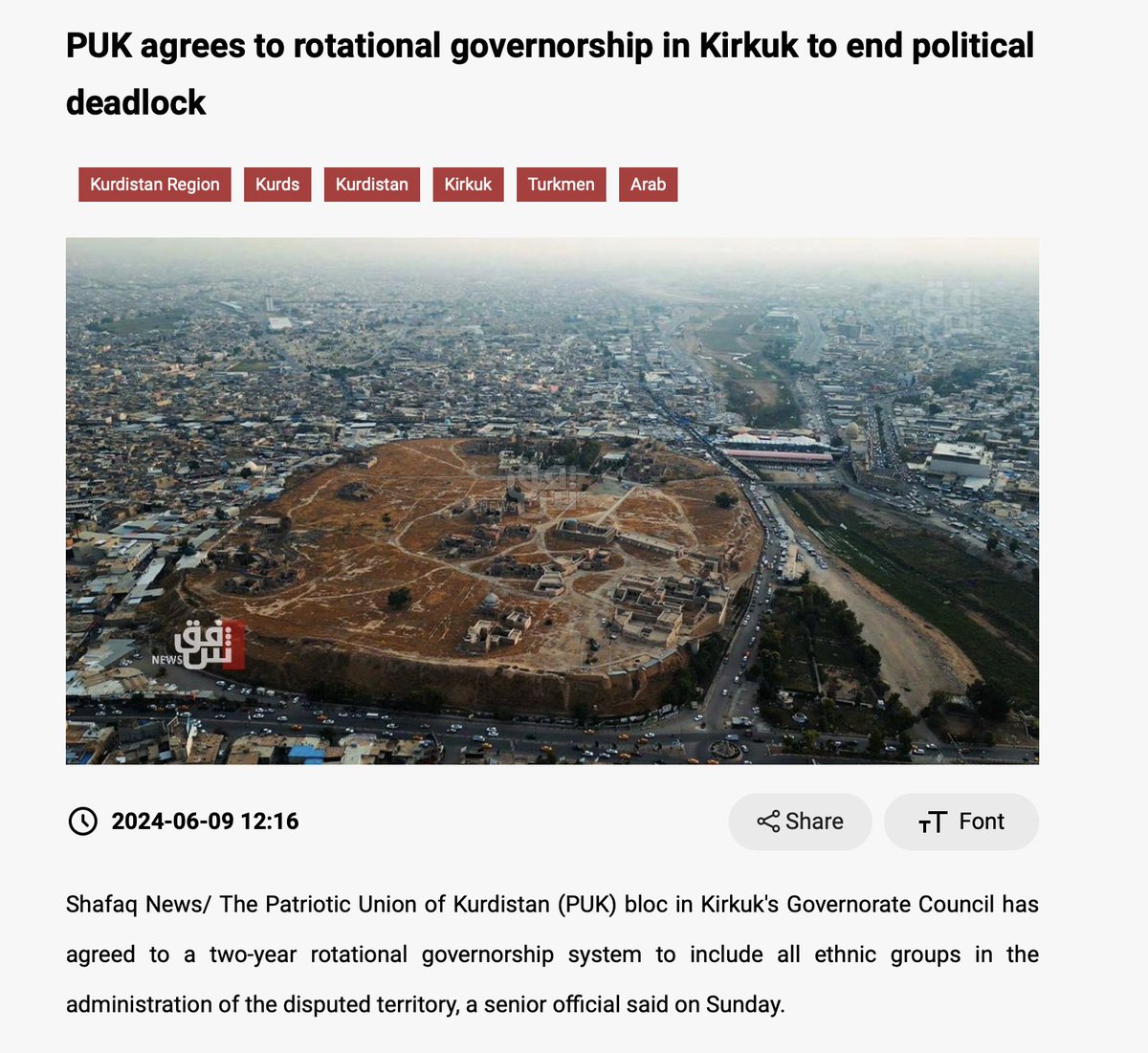 KurdistanWatch's tweet photo. But it is important to note that the Kirkuk governor rotation is not new, as some reports suggest. Here are 2024 reports indicating that the Talabani-Halbousi agreement stipulated a two-year rotation:

https://t.co/U0Y5YYoJmm

https://t.co/KHsgEBSe5b https://t.co/XK8oQ9AH7z