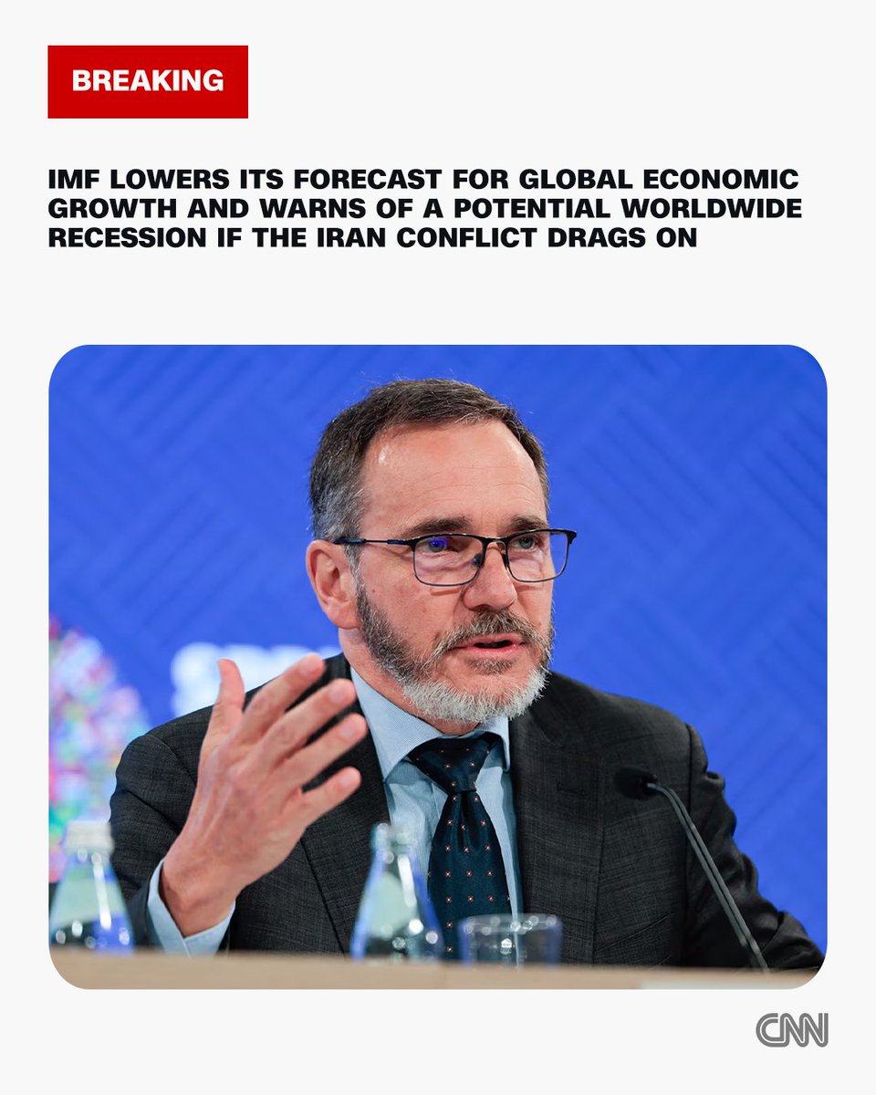cnnbrk's tweet image. The International Monetary Fund has modestly reduced its forecast for global economic growth this year, but warned the damage from the war with Iran could be much more severe if the conflict dragged on and oil prices rose further. cnn.it/48vAawS