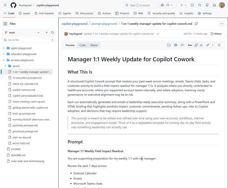 heyitsgoad's tweet photo. Been using Copilot Cowork and found a new way to automate my 1-on-1 Weekly Manager updates! I now have Copilot automatically look back across my week, meetings, emails, Teams chats, tasks, and customer activity, and turns it into a field impact readout I can actually use in my manager 1:1. It highlights where I directly drove progress and impact, where I supported opportunities behind the scenes, and where things like adoption, licensing clarity, governance, or exec alignment might be starting to slip.

I have this scheduled to run every Tuesday at 1pm (before my manager 1 on 1) and each run auto‑generates and emails an executive summary, plus a PowerPoint and HTML briefing that surfaces portfolio impact, customer commitments, Copilot risks, follow‑ups, and leadership decisions. 

I treat it as a repeatable template that turns day‑to‑day field noise into something leadership can act on, and refine it over time based on how I actually work.

The best part of this for me is it auto emails my manager and myself the readout before our connect so we both have a foundation and immediate talking points with PowerPoint and HTML web app!

If you wanna try it, you can view the prompts on my Github: https://t.co/53swwWSxJi