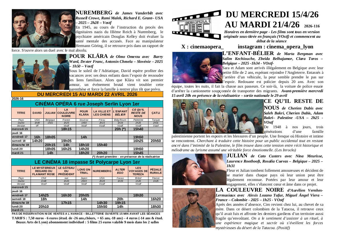 CinemaOpera_'s tweet photo. SEMAINE DU 15 AVRIL 2026
AVANT PREMIERE - mercredi 15 avril 20h 
L'ENFANT BELIER en présence de la réalisatrice

3 autres nouveaux films
CE QU'IL RESTE DE NOUS
JULIAN
ALTER EGO https://t.co/NmCX1IHCez