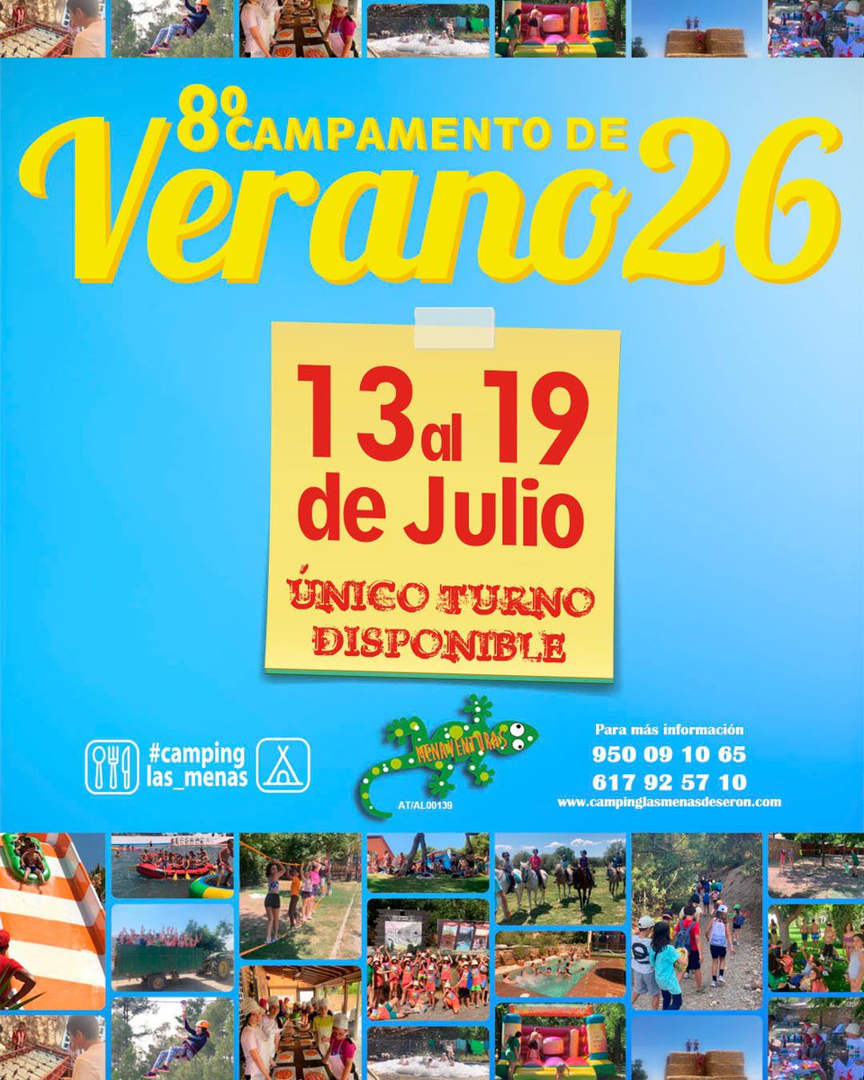 🌞🏕️ ¡El #verano más divertido está a punto de empezar! 🏕️🌞

En #CampingLasMenas de #Serón ya tenemos todo listo para nuestro 8º Campamento de Verano 🎉

📅 Del 13 al 19 de julio
🚨 ¡Único turno disponible! 🚨

📲 ¡Reserva tu plaza ya!

Plazas limitadas ⏳

#CampamentoDeVerano