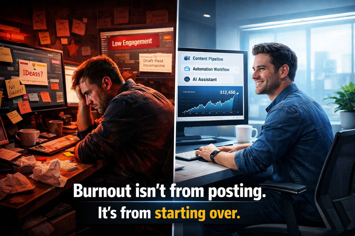 vantungama's tweet photo. Content burnout doesn’t come from posting too much.

Most people misunderstand burnout. It’s not volume. It’s friction.

You don’t burn out because you post often.
You burn out because every post feels like starting from zero.

Think about your process:
👉New idea
👉New structure
👉New wording
👉New effort
Every single time.

That’s not sustainable.
Even if you’re motivated, your system is broken.

High-level creators don’t rely on motivation.
❌They reduce friction.
❌They reuse inputs.
❌They build systems.

The moment you stop starting from scratch
is the moment content becomes easy.
Be honest… are you building a system, or just chasing ideas?