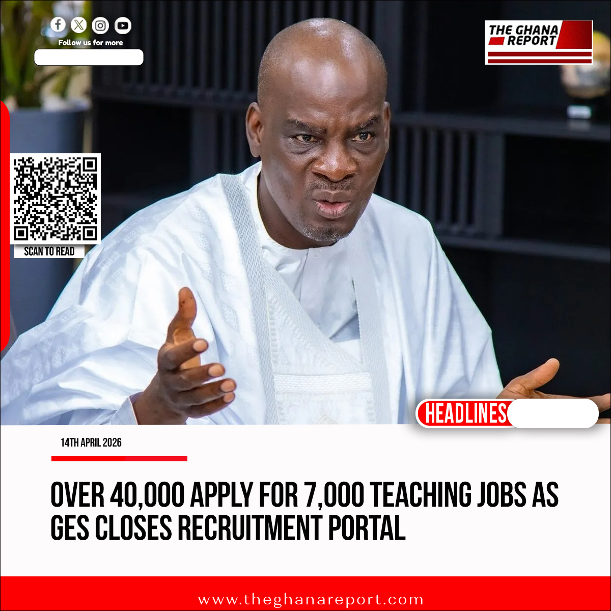 Over 40,000 apply for 7,000 teaching jobs as GES closes recruitment portal.

theghanareport.com/over-40000-app…

#TGR 

Cape Coast | Kunde | Atico