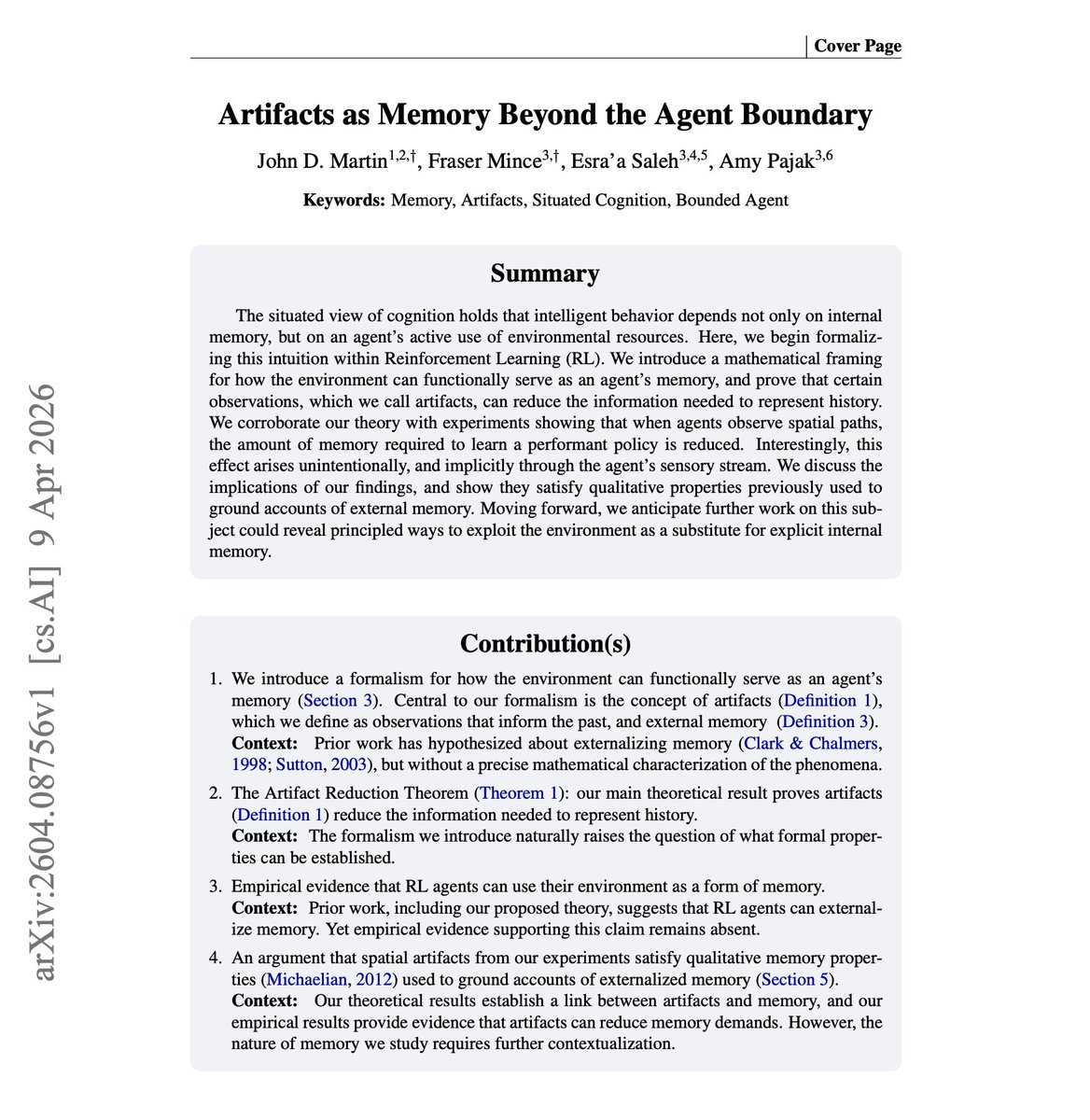 dair_ai's tweet image. // Artifacts as Memory Beyond the Agent Boundary //

An agent doesn't always need a bigger memory buffer. Sometimes the environment itself remembers on the agent's behalf. New research formalizes this intuition mathematically for the first time.

The work introduces a formal