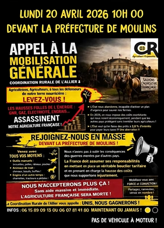 coordinationrur's tweet photo. 🟡 Mobilisation à Moulins : la #CR03 appelle à se rassembler !
Face à l’explosion des charges (GNR, énergie, engrais, fiscalité), la situation des exploitations agricoles devient intenable. Partout, les trésoreries sont sous pression et les réponses tardent à venir.
📍 Lundi 20 avril 2026 à 10h00
📍 Devant la Préfecture de Moulins
👨🌾 La Coordination Rurale de l’Allier appelle agriculteurs, familles rurales, artisans, commerçants et citoyens attachés à leurs territoires à se mobiliser.
💬 Les agriculteurs refusent la disparition silencieuse des exploitations et demandent des mesures rapides, fortes et concrètes pour garantir la survie de l’agriculture française.
🟡⚫ Dans le calme et la détermination, unissons-nous pour faire entendre la voix du terrain.
#CoordinationRurale #AgriculteursEnColere #MobilisationAgricole #SouverainetéAlimentaire #OnNeLacheRien