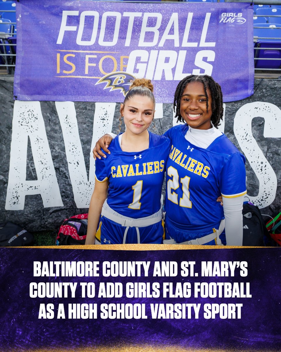 Ravens's tweet photo. Continuing to grow girls flag in Maryland with our ultimate goal of becoming a state-sanctioned sport that will create lasting opportunities for female student-athletes statewide!
The addition of Baltimore and St. Mary’s Counties brings 27 new schools into the program, increasing total participation to 132 high schools!

Read more: https://t.co/jGx233gzGb
