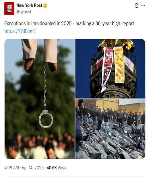 sheriran95's tweet image. #FreeIran2026 : 📢New York Post:
📣Report: Executions in Iran doubled in 2025 - recording its highest rate in 36 years.
                                          .............................
#مرگ_بر_ستمگر_چه_شاه_باشه_چه_رهبر
#IranProtests
#IranMassacre