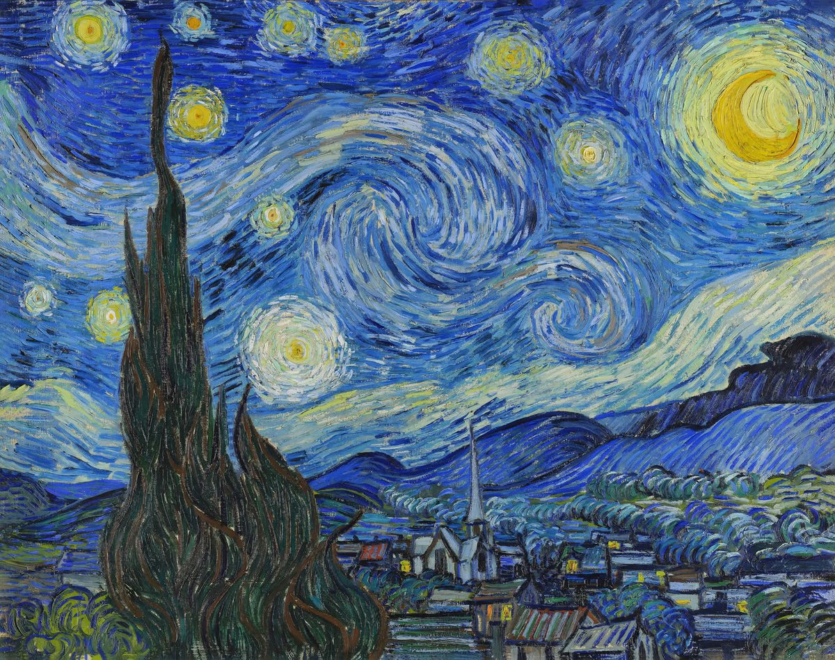 #Pintura 🖼
La noche estrellada. Vincent Van Gogh 🎨🖼

Van Gogh la pintó en 1889 desde la ventana del hospital psiquiátrico donde estaba internado en Saint-Rémy. Es una interpretación emocional: cielos que giran, estrellas que arden, pinceladas que parecen moverse.