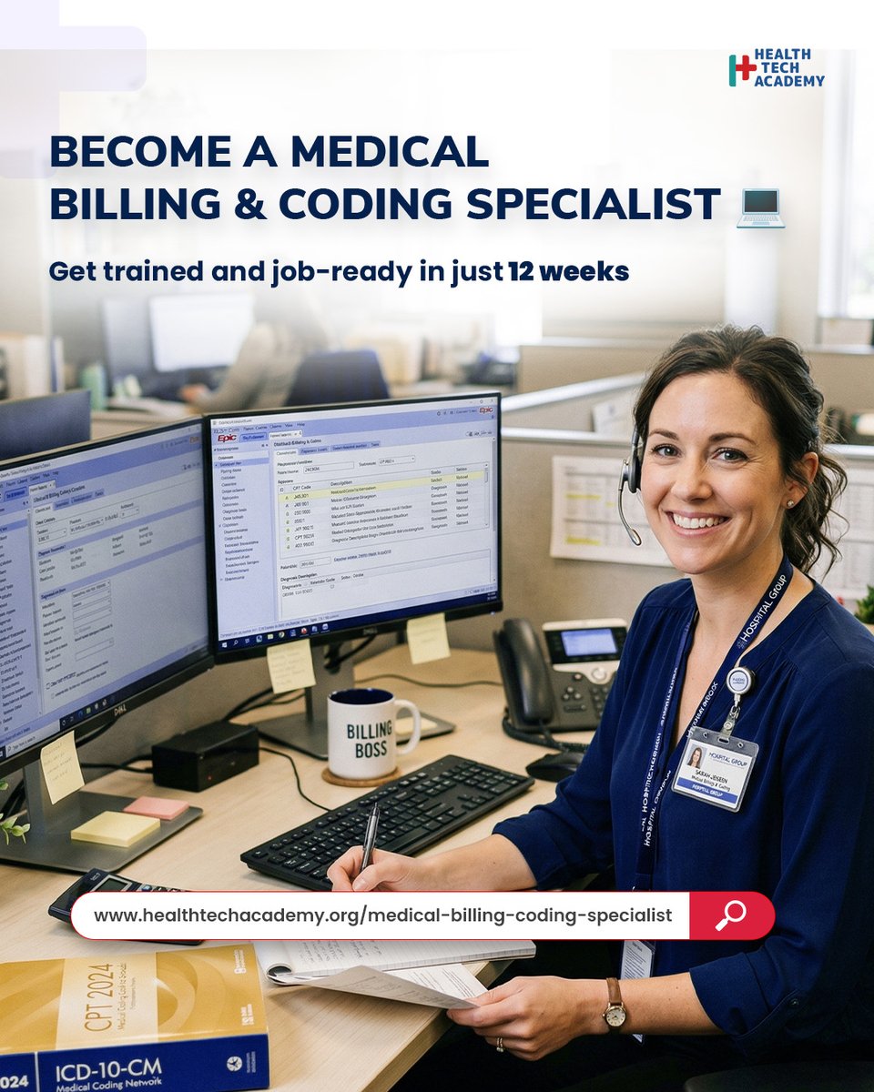 HealthTech_ACAD's tweet photo. Become a Medical Billing &amp; Coding Specialist in just 12 weeks

No long years in school. No guesswork. Just the skills you need to start a stable, in-demand healthcare career fast.

Start your journey today: https://t.co/q90LzJzt0R
📞 Admissions: (855) 590-6601

#MedicalCoding https://t.co/9SC2JjE5Nn