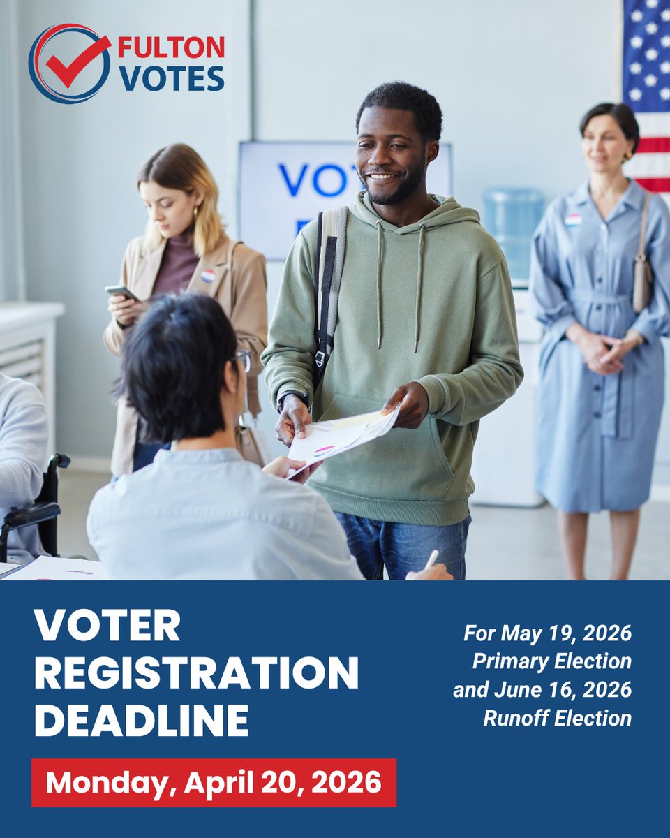 FultonInfo's tweet photo. Do not miss your chance to vote on May 19. Register or update your voter information by Monday, April 20. Visit the Georgia Online Voter Registration (linked in bio) page for quick and easy registration. Find more info on our website #FultonVotes https://t.co/t9QLpNAs5O