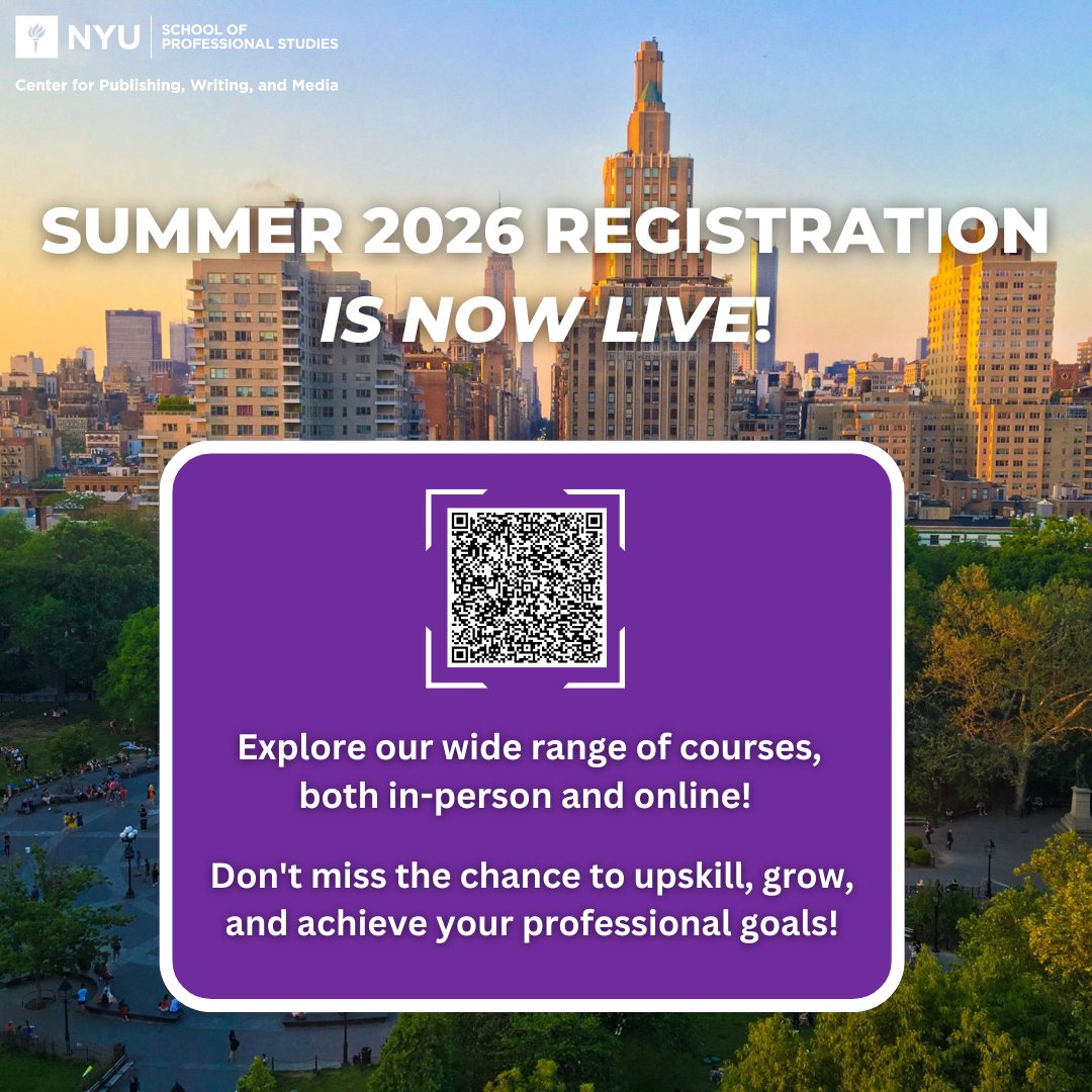 NYUSPS_PWMCE's tweet image. Take a continuing education summer class at NYU SPS Center for Publishing, Writing, and Media! 🗽✨

Registration is NOW LIVE for Summer 2026. Explore courses in Film, Writing, AI, and more.

Scan the code or visit: bit.ly/4nKIkHh

#NYU #SummerSchool #CareerGoals