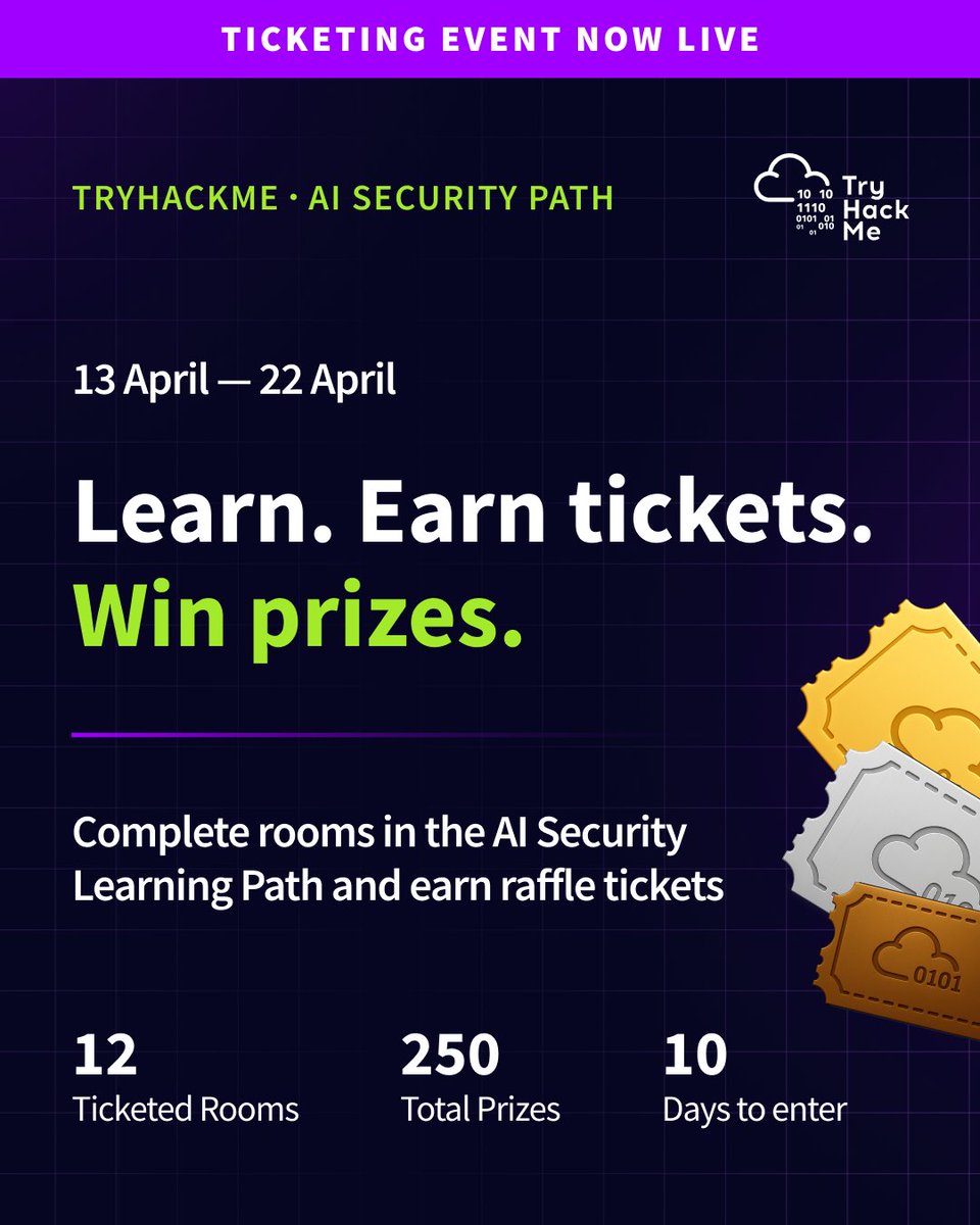 tryhackme's tweet image. 250 prizes up for grabs…and you’re still just watching?
Learn AI Security, get tickets &amp;amp; win prizes 😉 It's really as easy as it sounds. 
🎟️ Start earning: tryhackme.com/aisecurity?utm…