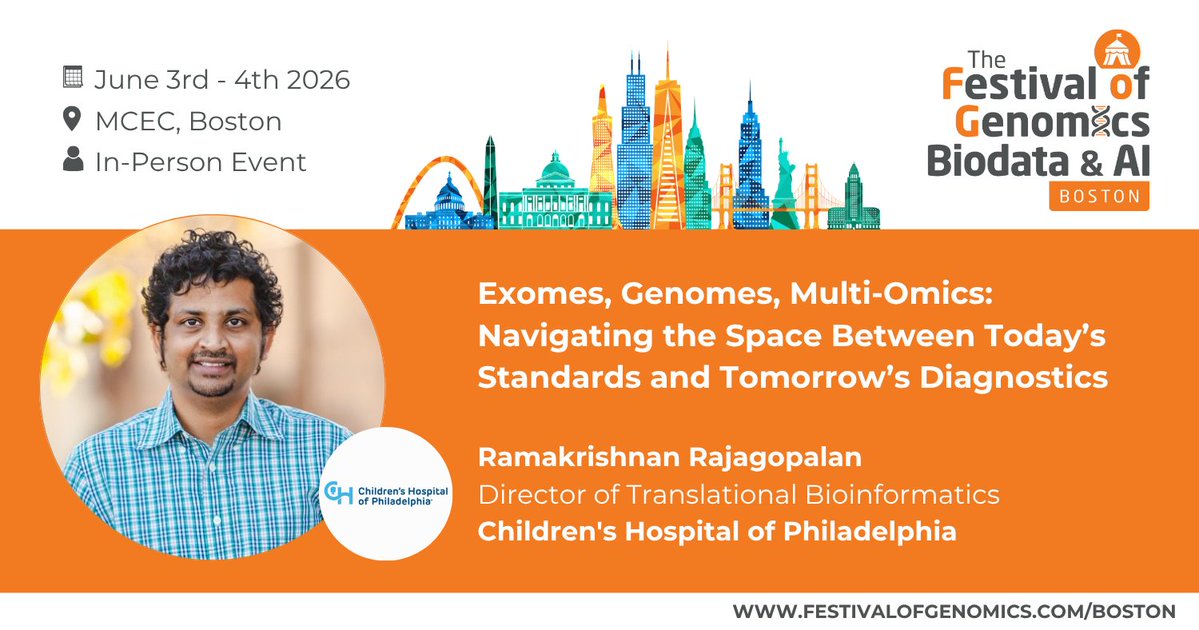 FLGenomics's tweet image. Ramakrishnan Rajagopalan (Director of Translational Bioinformatics, Children's Hospital of Philadelphia) will be at #FOGBoston, discussing how we can navigate the space between today’s standards and tomorrow’s diagnostics. More info: hubs.la/Q04bW1fK0 #sequencing