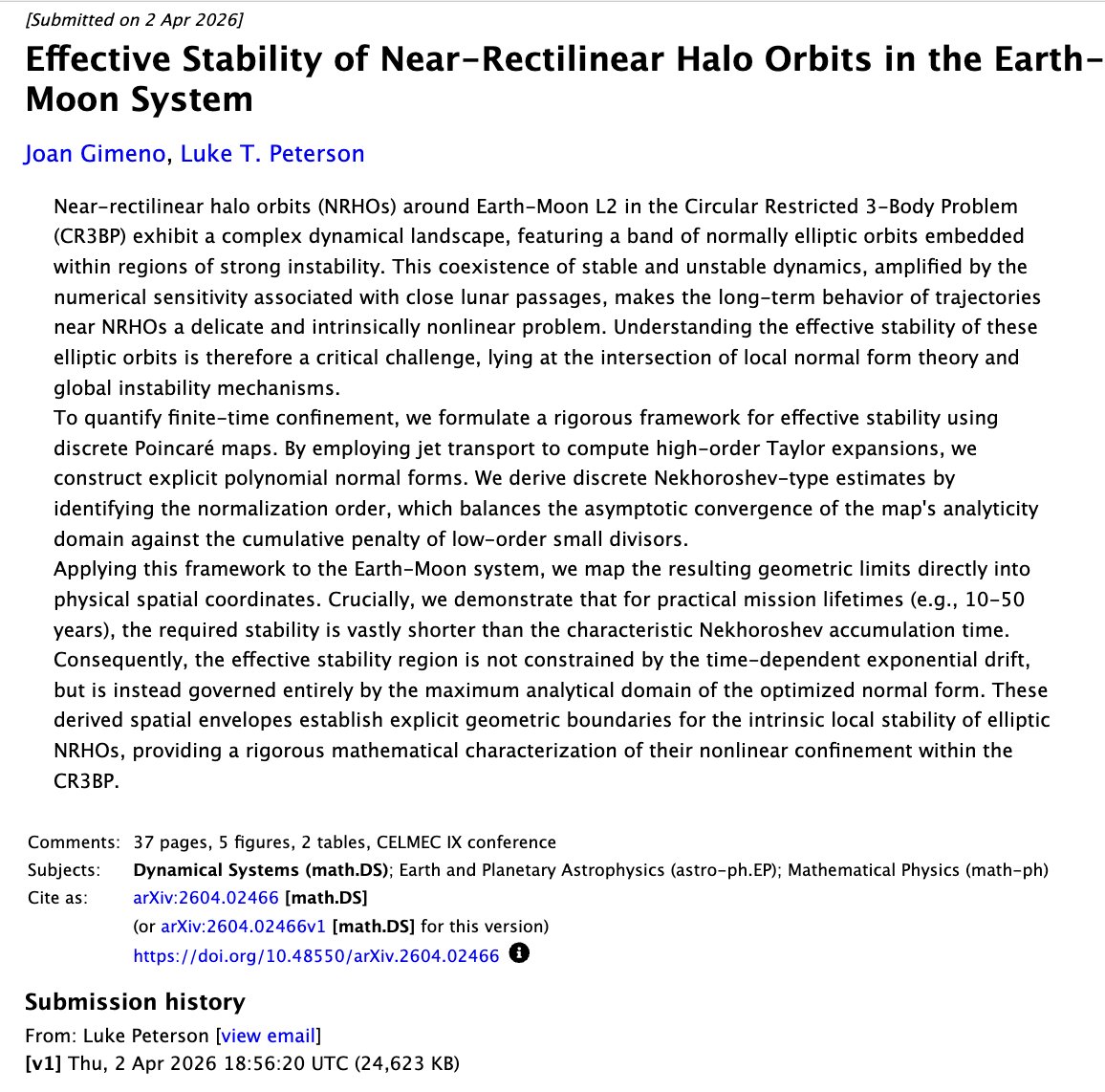 LunarOrbiter's tweet image. Effective Stability of Near-Rectilinear Halo Orbits in the Earth-Moon System
arxiv.org/abs/2604.02466 #Moon #Lunar #Artemis