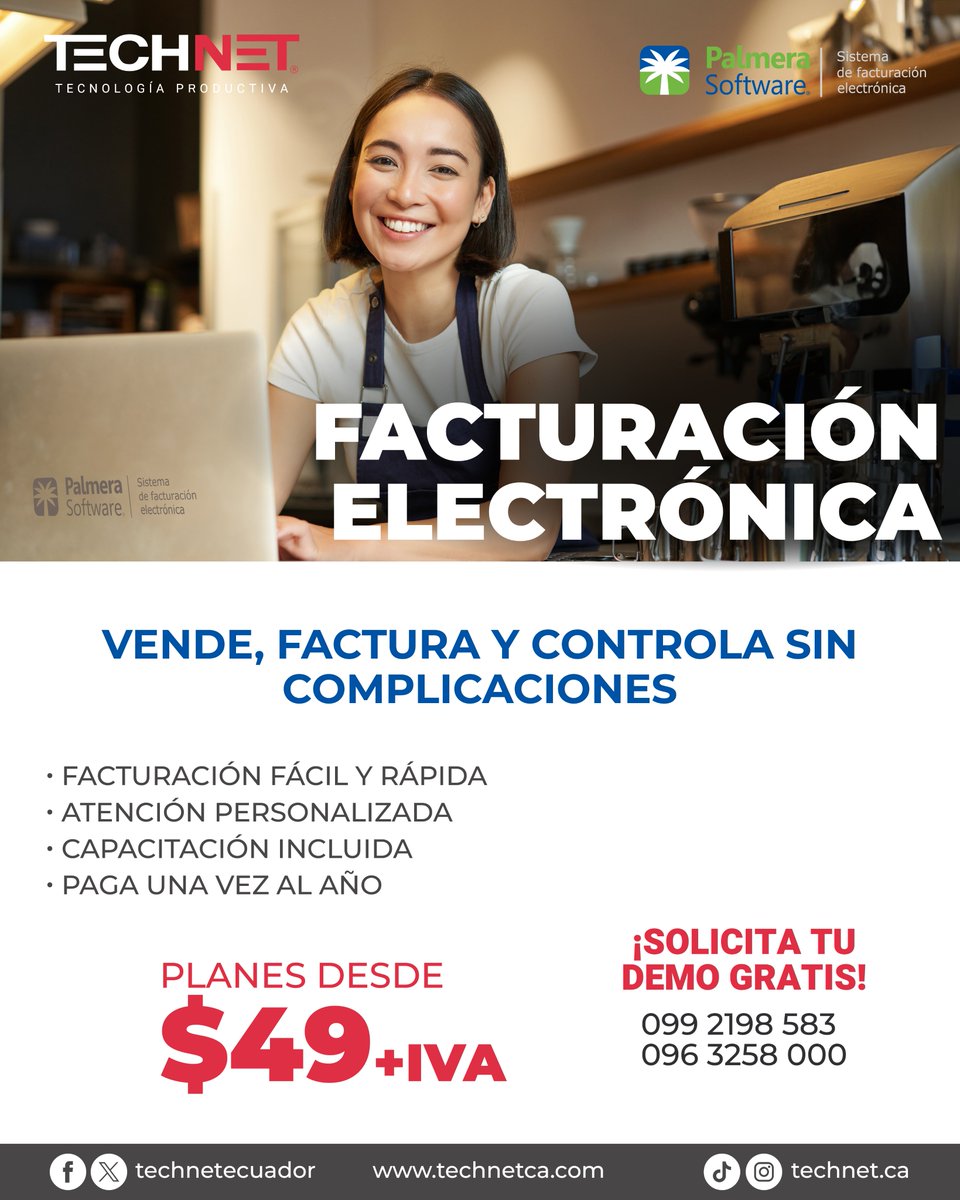 TechNetEcuador's tweet photo. 💻Digitaliza tu negocio sin complicaciones!

Olvídate del papeleo y empieza a facturar de forma rápida y segura.

📈Control total de tus ventas en un solo sistema

🔥Planes desde $49+iva
📲Escríbenos y obtén una demo Gratis
0992198583 | 0963258000

#SRI #faturacionelectronica https://t.co/9bk44Rv6Yu