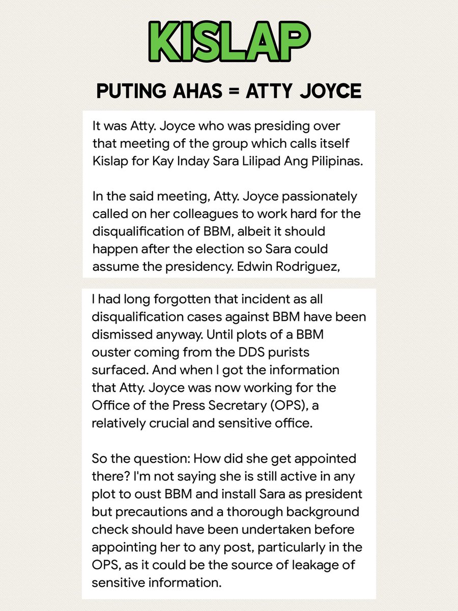 nagtutugma tugma na, mula pa to sa column ni charlie manalo noong 2022. 

"after 2 years, oust pbbm."

kaya pala noon tuwing nanonood ako sa ptv panay si digong pa rin at bong go pinapalabas, dahil dito pala yun, kay atty. joyce na isang spy ng mga duterte.