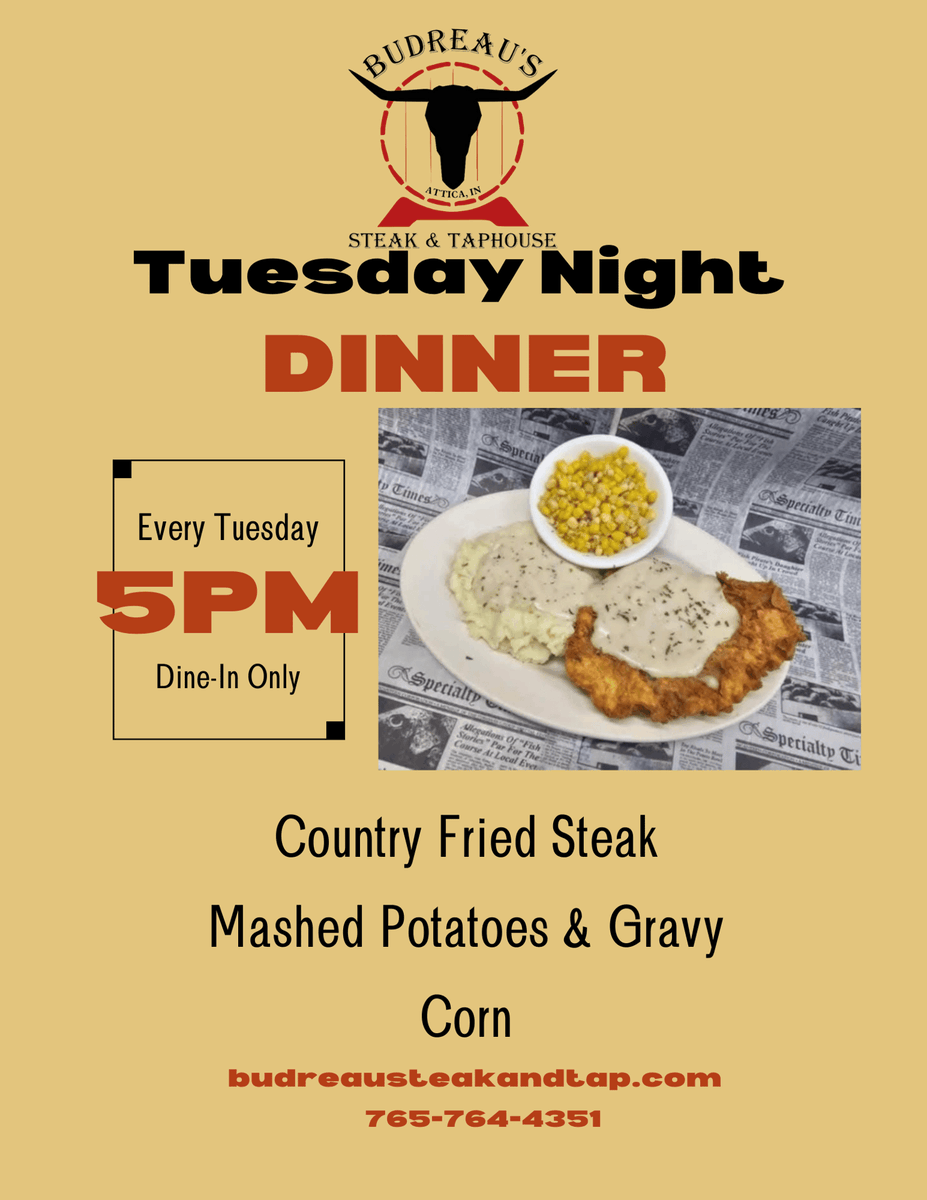 Budreausteak's tweet image. Join us at Budreau's Steak and Tap for Tuesday: Country Fried Steak! 🥩 Dive into deliciousness with country fried steak, mashed potatoes &amp;amp; gravy, and corn. The perfect comfort meal awaits every Tuesday at 5 PM. 🌽 #SteakNight #ComfortFood #TuesdayVibes