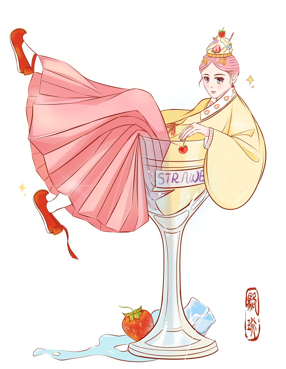 henghengya99274's tweet image. 草莓雪顶奶油杯元素汉服
这是以前画的画，好像还没有正经发过。弥补一下我这么多天没有更新。灵感来源源自草莓奶油冰淇淋。于是把传统的狄髻换成了草莓奶油雪顶。算是甜品拟人化？