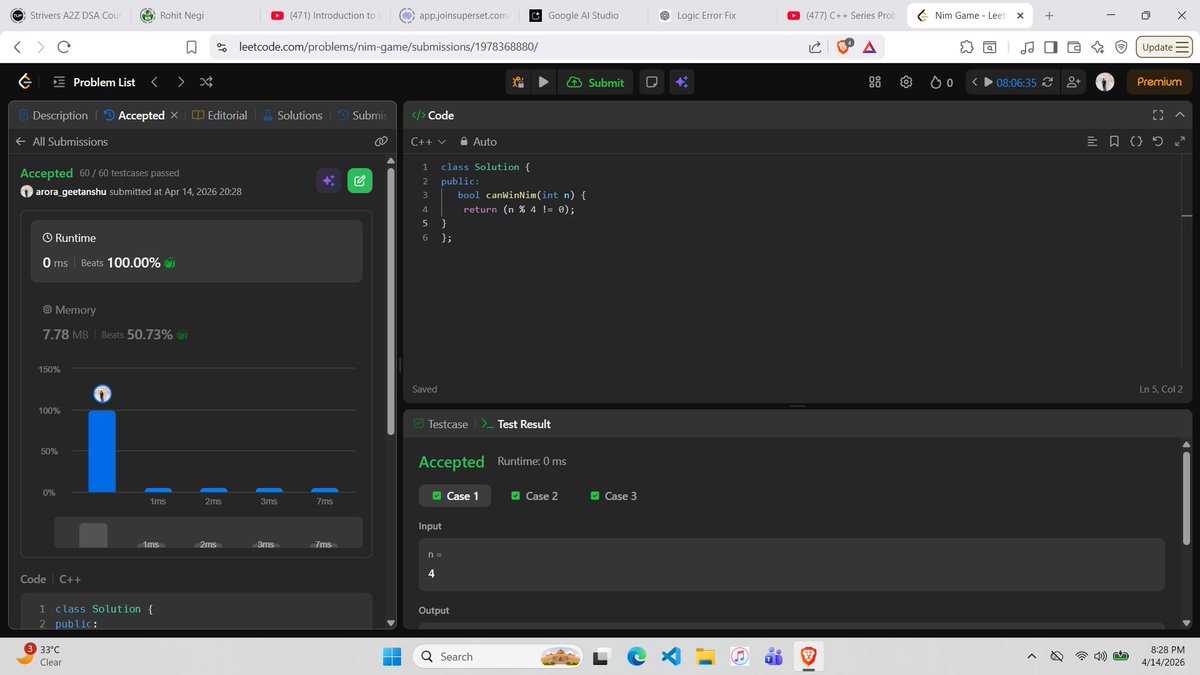Geetanshu11291's tweet image. Day:-24 of maintaining @LeetCodestreak 🏆.
1. Trailing zeroes in factorial.
2.Nim Game.
#366daysofleetcode #dsa #LeetCode