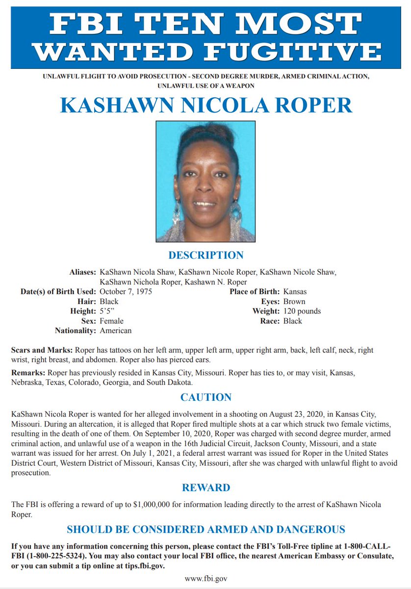 FBIKansasCity's tweet image. #HappeningNow: The FBI is announcing that KaShawn Roper has been added to the FBI's Ten Most Wanted List and a $1 million reward is being offered for information leading to her capture.